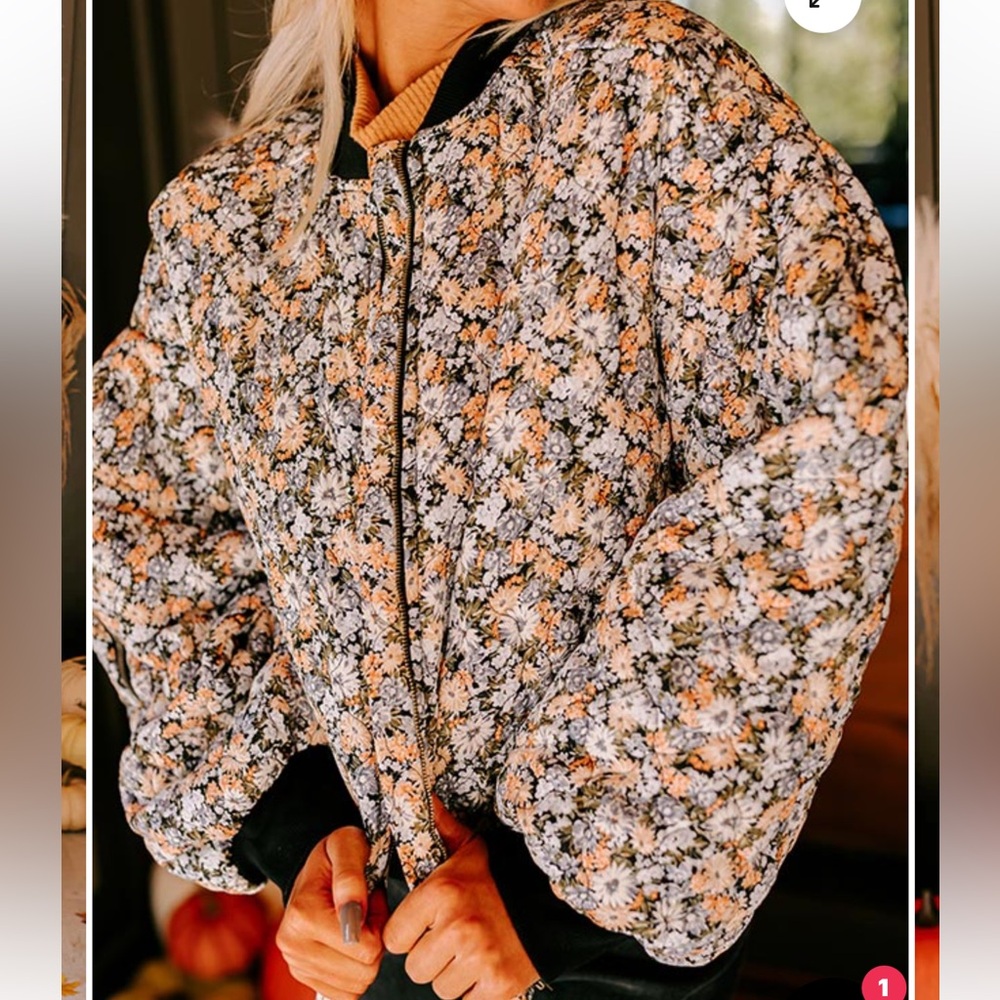 Fabrik Floral Quilted Bomber Jacket Front Zip Elastic Waist Blue Grey Size S